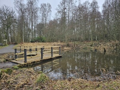 A view looking South, showing the pond and the new walkway