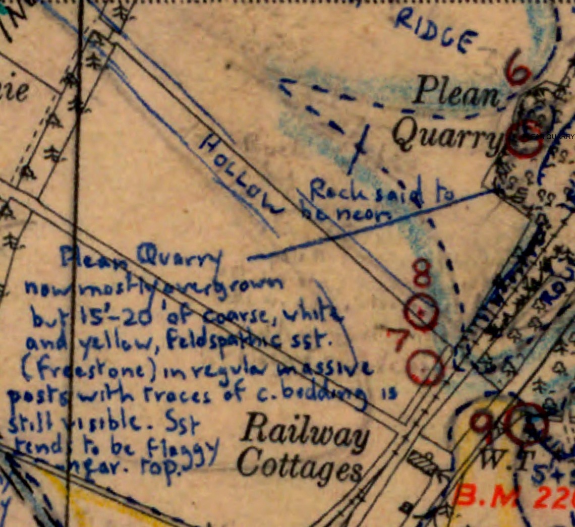 map showing location of quarry with geological notes