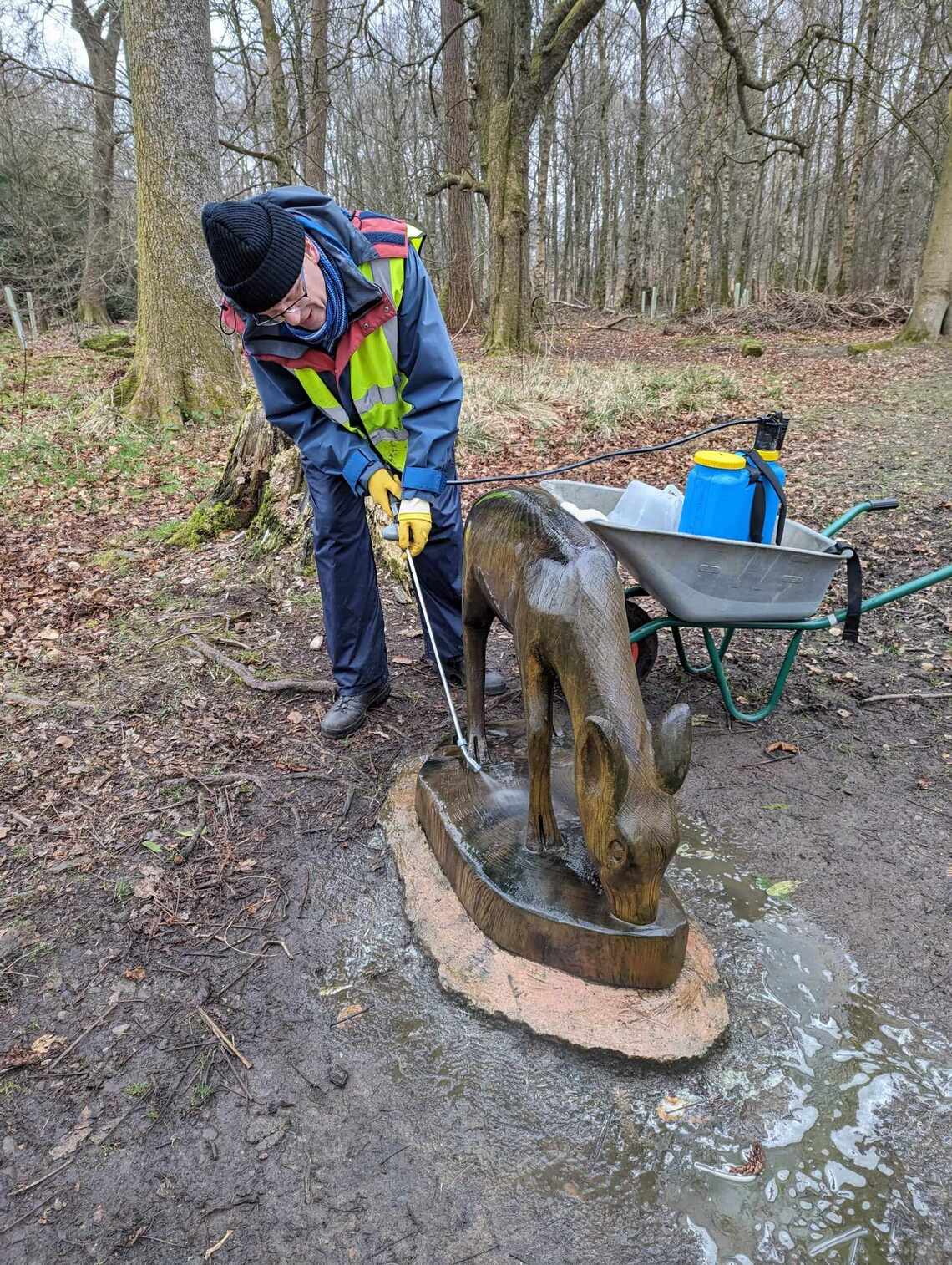 Ian Spraying the Roe Deer Carving April2024